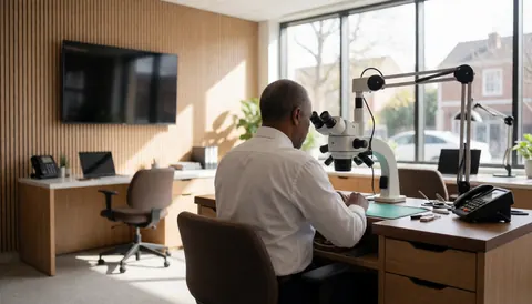 Un horloger professionnel utilise un microscope dans un atelier moderne aux murs en bois et à la lumière naturelle, idéal pour illustrer un service de réparation de montres.