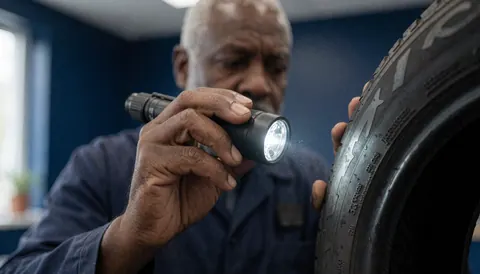 Un mécanicien en uniforme examine une fissure sur le flanc d'un pneu avec une lampe dans un atelier aux murs bleus.