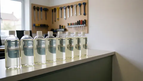 Plusieurs bouteilles de lubrifiants pour vélos disposées en ligne sur un comptoir d'atelier, avec un mur d'outils en arrière-plan, idéal pour une page d'accueil de site web de réparation.