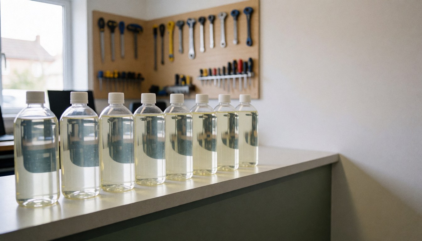 Plusieurs bouteilles de lubrifiants pour vélos disposées en ligne sur un comptoir d'atelier, avec un mur d'outils en arrière-plan, idéal pour une page d'accueil de site web de réparation.