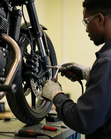Mécanicien portant gants et lunettes ajuste le système de freins d'une moto dans un atelier propre et bien éclairé.