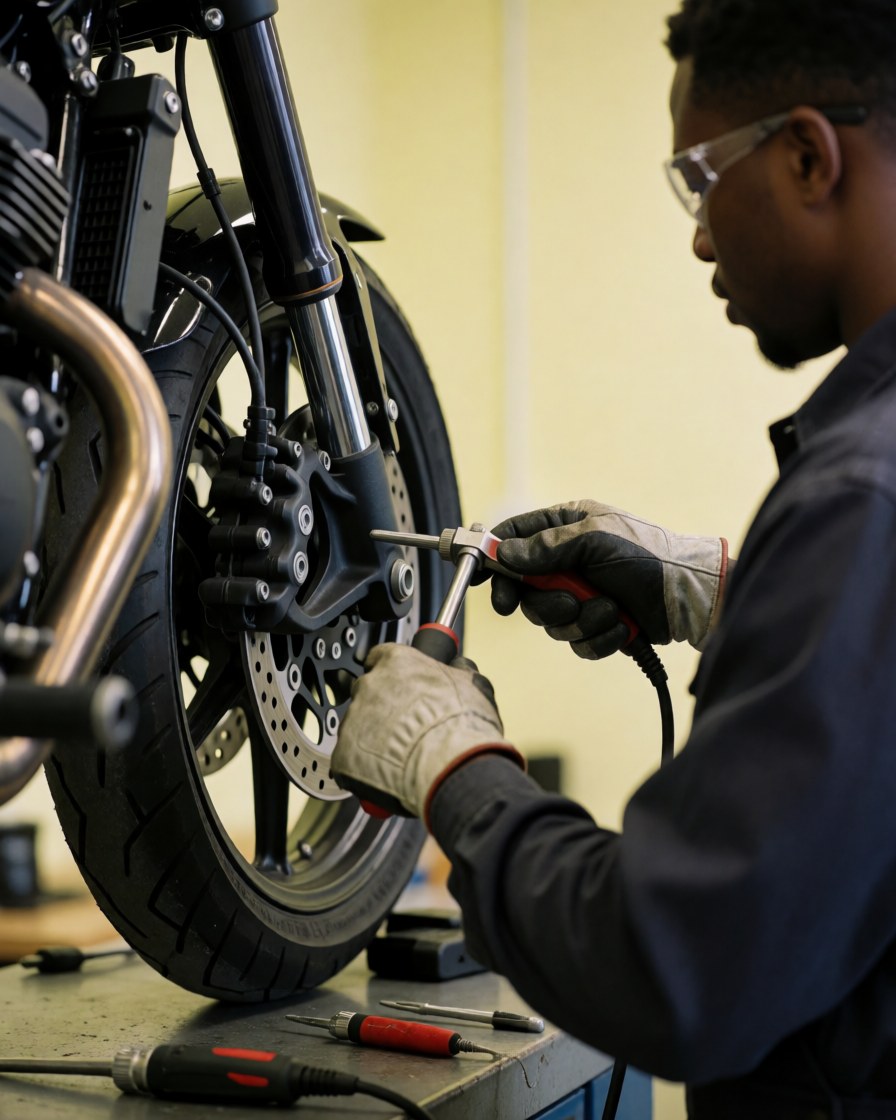 Mécanicien portant gants et lunettes ajuste le système de freins d'une moto dans un atelier propre et bien éclairé.