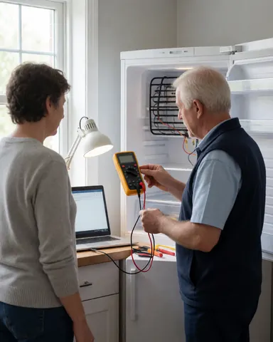 Un technicien utilise un multimètre pour tester le système de dégivrage d'un congélateur. Le client observe la réparation. Les serpentins sont propres et la lumière naturelle éclaire l'intérieur.