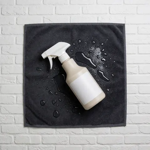 Bouteille de spray sans marque posée sur une serviette noire avec des gouttes d'eau, idéale pour les services de lavage automobile.