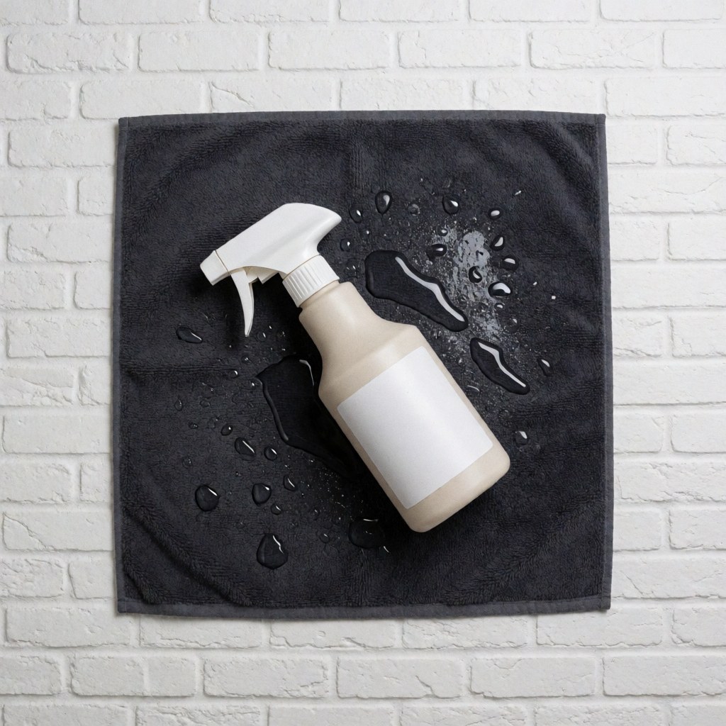 Bouteille de spray sans marque posée sur une serviette noire avec des gouttes d'eau, idéale pour les services de lavage automobile.
