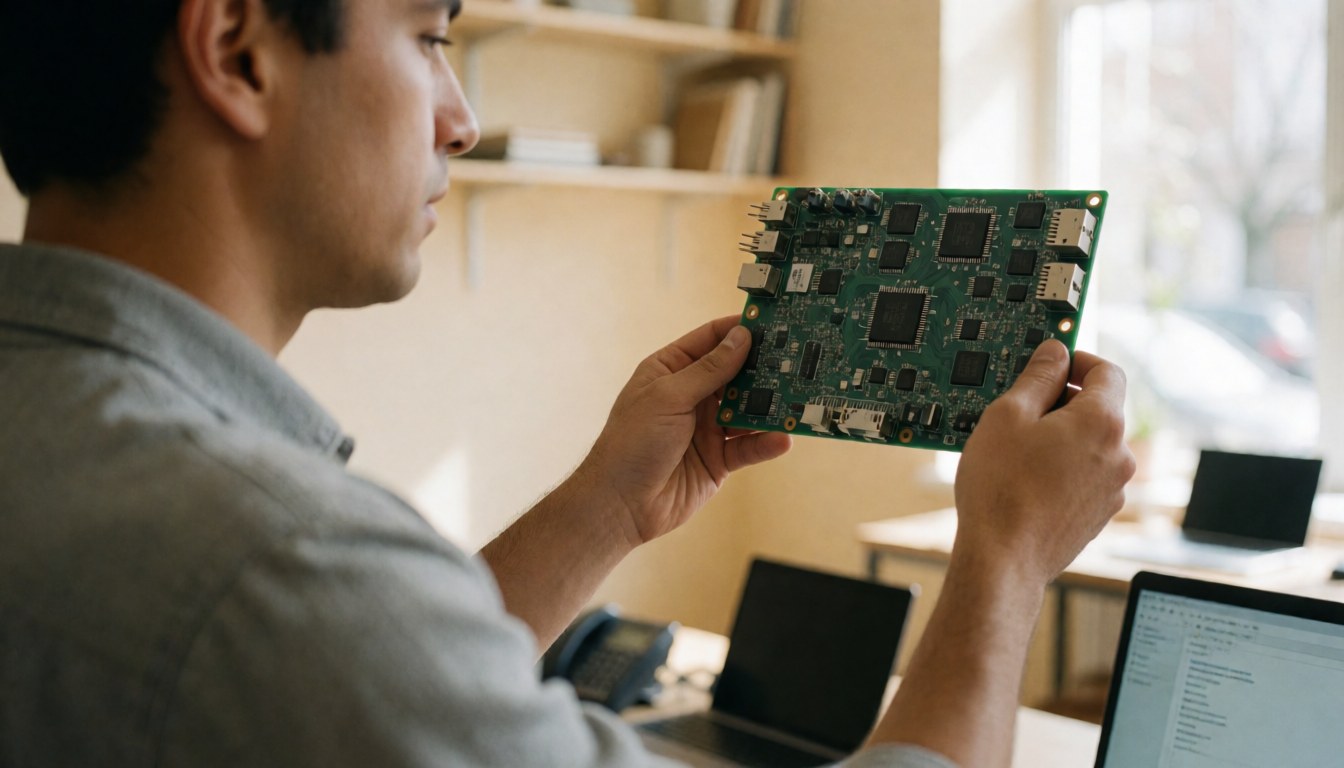 Un technicien examine une carte de circuit dans un atelier bien éclairé, accompagné d'un ordinateur portable et d'un téléphone en arrière-plan.