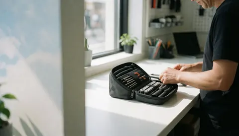 Un professionnel organise des outils dans un atelier de bicycles avec une lumière naturelle et des tables propres, idéal pour les services de réparation.
