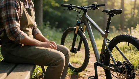 Une personne vêtue de vêtements de travail se repose sur un banc à côté de son vélo de montagne dans une clairière ensoleillée de la forêt, idéal pour un site web d'entraîneur de cyclisme.