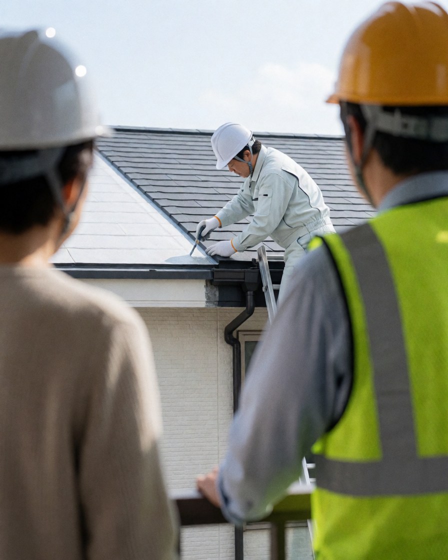 Un technicien en uniforme blanc applique du scellant sur un toit. Un client observe depuis un balcon. Le technicien porte un casque et un gilet de sécurité pour la réparation solaire.