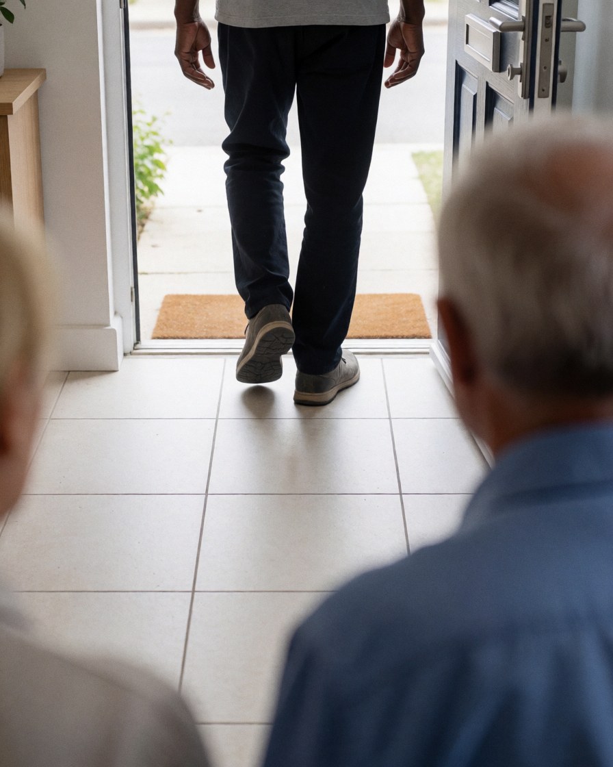 Client heureux franchissant le seuil d'une porte fraîchement installée, sol en carrelage propre et professionnel, idéal pour une entreprise d'installation de portes.