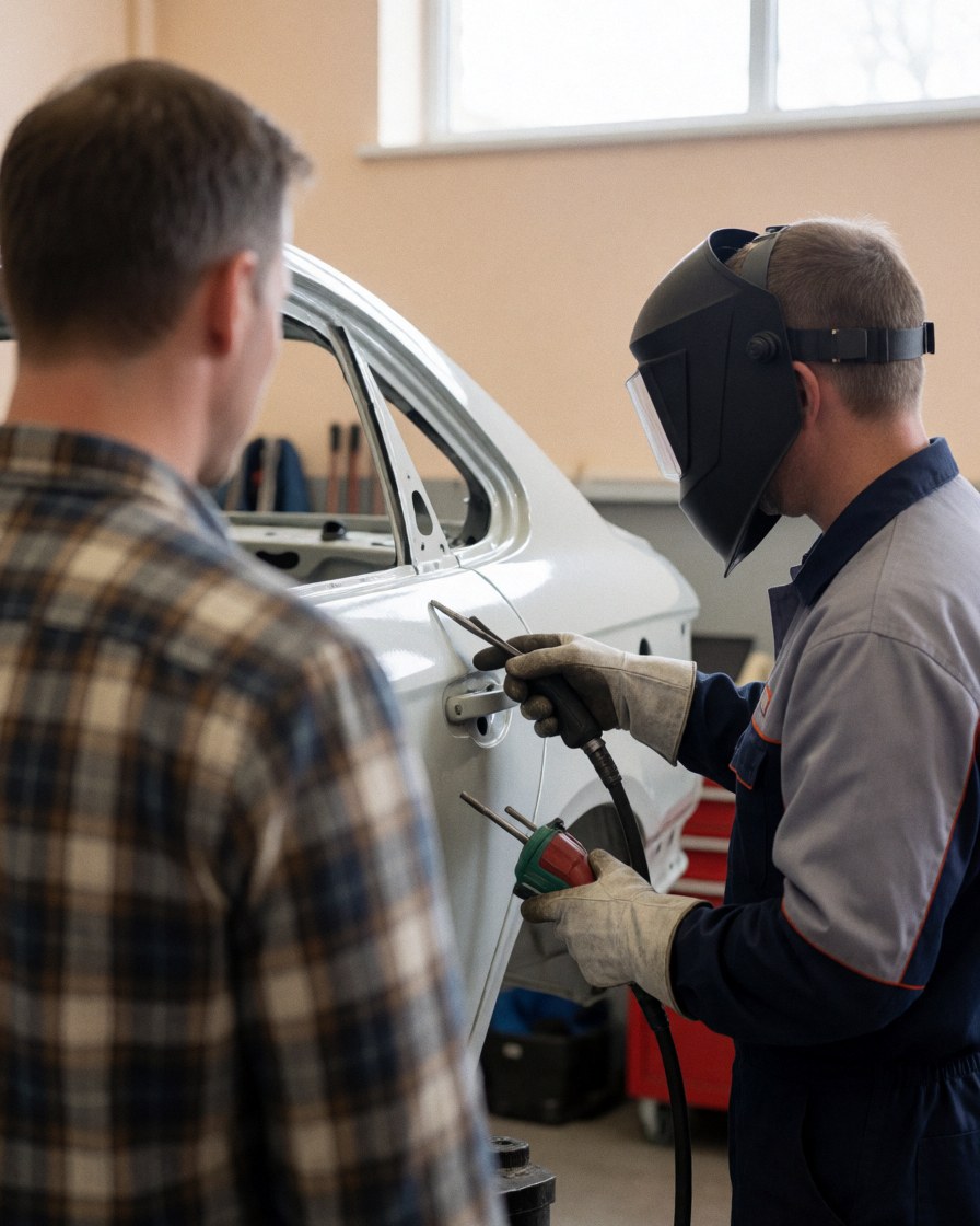 Un soudeur équipé d'un casque et de gants travaille sur un véhicule blanc pendant qu'un client observe depuis l'arrière dans un atelier aux murs beige.