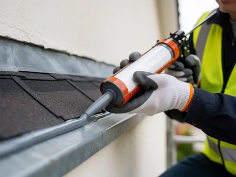 Un ouvrier applique du silicone gris sur une jonction métallique en toiture, portant un gilet de sécurité et des gants de protection.