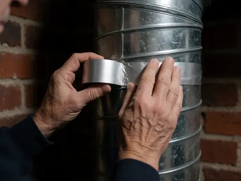 Mains d'un technicien appliquant du ruban d'aluminium sur un joint de conduit métallique avec un mur de briques rouges en arrière-plan.