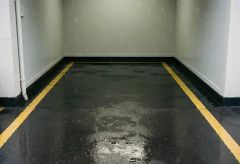 Vue d'un parking de taxi sous la pluie avec lignes jaunes sur l'asphalte mouillé et des murs gris en arrière-plan.