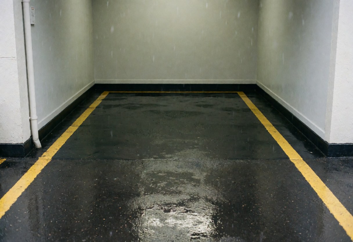 Vue d'un parking de taxi sous la pluie avec lignes jaunes sur l'asphalte mouillé et des murs gris en arrière-plan.