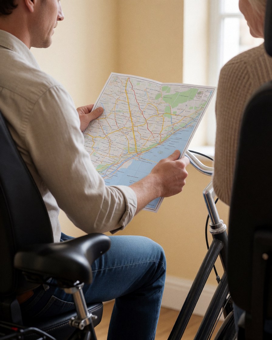 Un conducteur de vélo-taxi présente une carte de route à un client assis sur son vélo, devant un mur beige éclairé par la lumière naturelle.