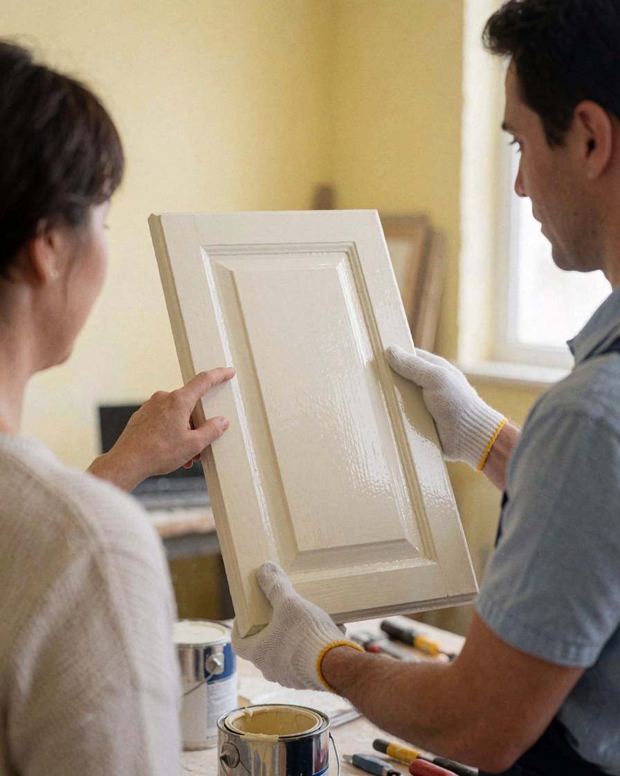Une cliente portant des gants blancs inspecte une porte de cuisine fraîchement peinte, tenue par un installateur dans un atelier rempli de peinture et d'outils.