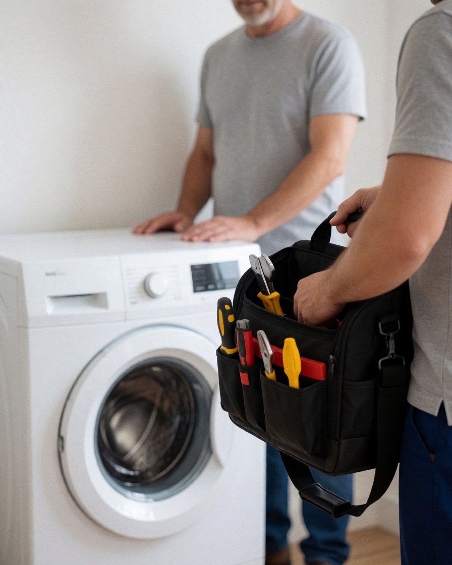 Un technicien range ses outils dans un sac, une laveuse blanche réparée, des murs blancs, une lumière naturelle, un service de réparation de laveuses en action.