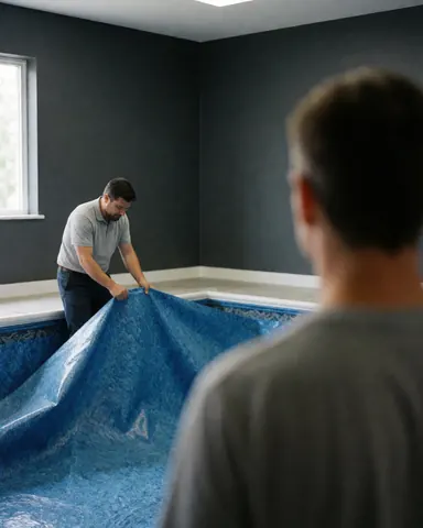 Installateur posant un liner bleu dans une piscine intérieure, client observant depuis l'arrière, murs gris, scène réaliste et professionnelle.