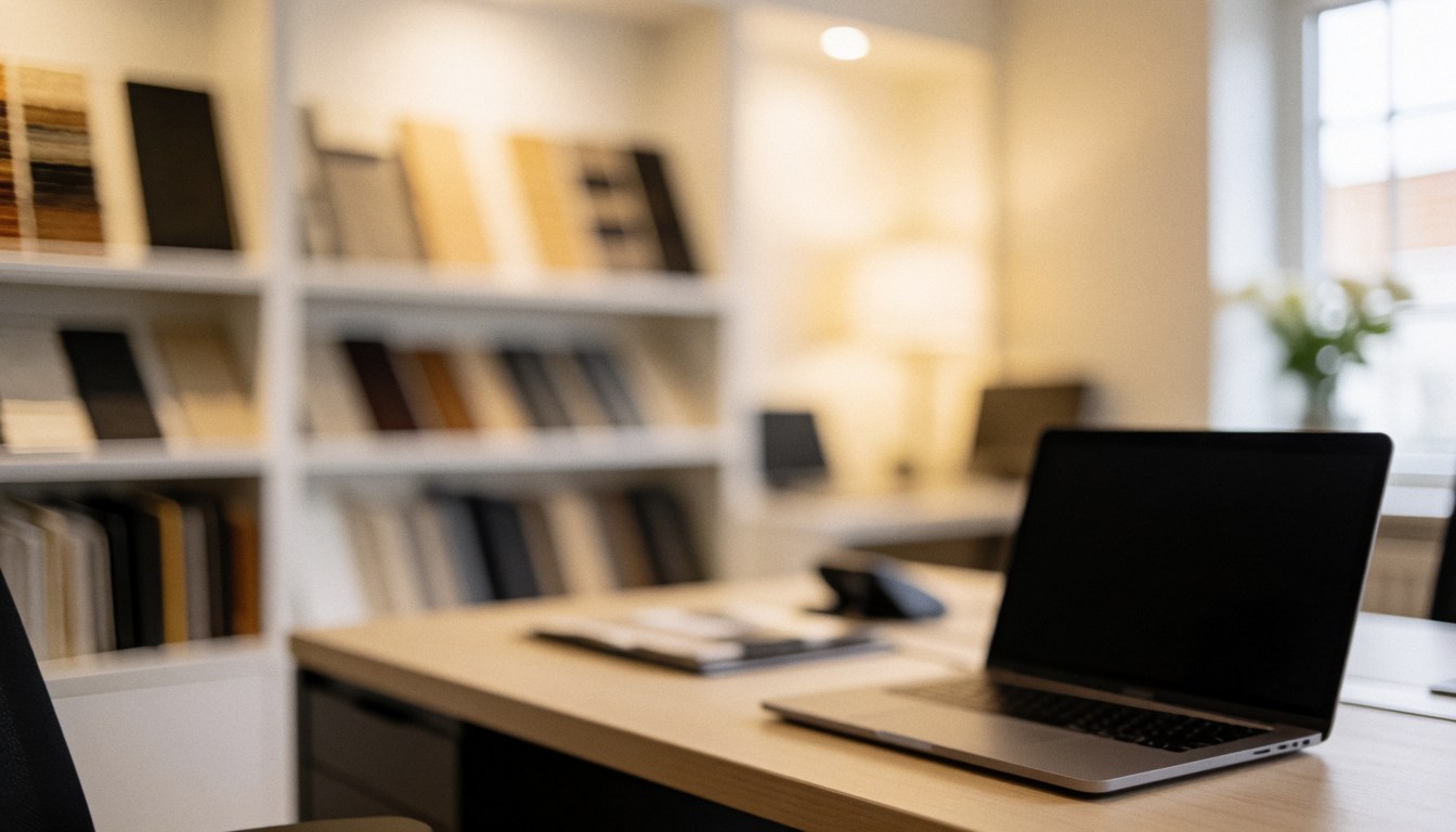 Bureau moderne avec étagère contenant des échantillons de finitions et un ordinateur portable, fond flou pour textes de services de design.