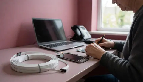Technicien réparant l'écran d'un téléphone démonté sur une table rose avec un câble blanc et un ordinateur portable dans un atelier de réparation électronique