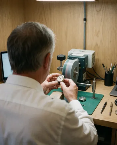 Un horloger expérimenté utilise un tour de polissage pour travailler le boîtier d'une montre dans son atelier aux murs en bois et aux outils visibles.