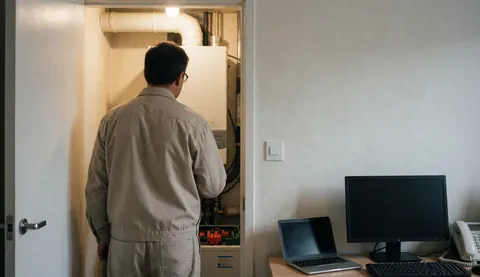 Un technicien en chauffage inspecte une chaudière à combustion directe dans un sous-sol, avec une tuyauterie de cheminée visible et un espace vide à droite pour ajouter du texte.
