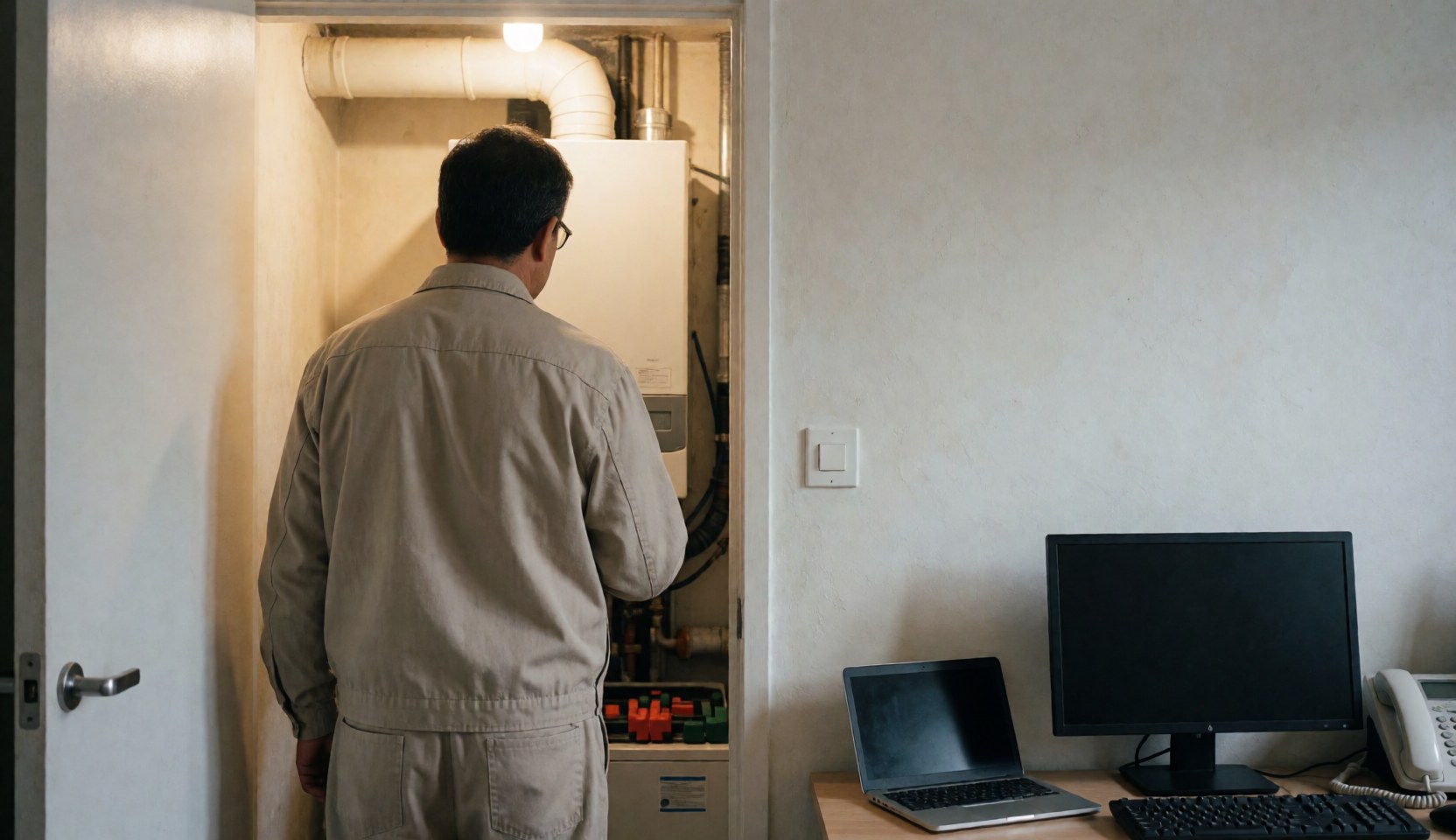 Un technicien en chauffage inspecte une chaudière à combustion directe dans un sous-sol, avec une tuyauterie de cheminée visible et un espace vide à droite pour ajouter du texte.