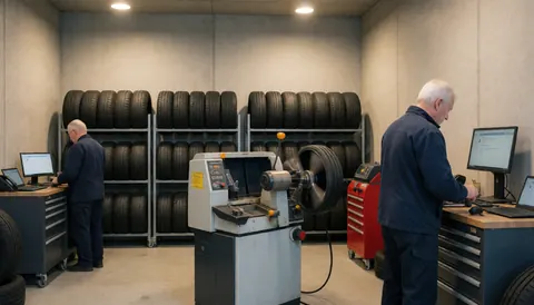 Deux mécaniciens travaillent dans un atelier de pneus avec du matériel visible, l'un à un ordinateur et l'autre à une machine d'équilibrage.