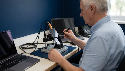 Technicien réparant un téléphone sur un support avec un outil de diagnostic. Arrière-plan bleu foncé, ordinateur portable et téléphone fixe dans un atelier de réparation.