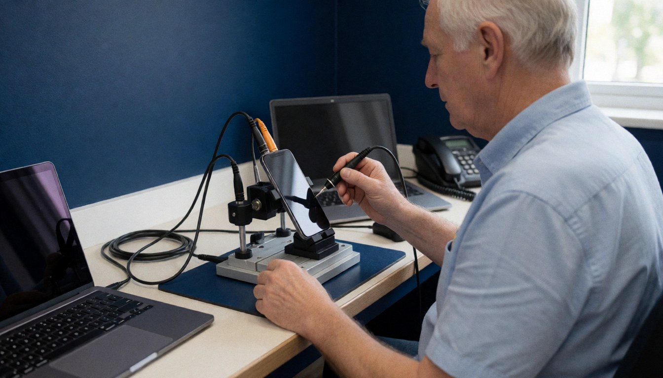 Technicien réparant un téléphone sur un support avec un outil de diagnostic. Arrière-plan bleu foncé, ordinateur portable et téléphone fixe dans un atelier de réparation.