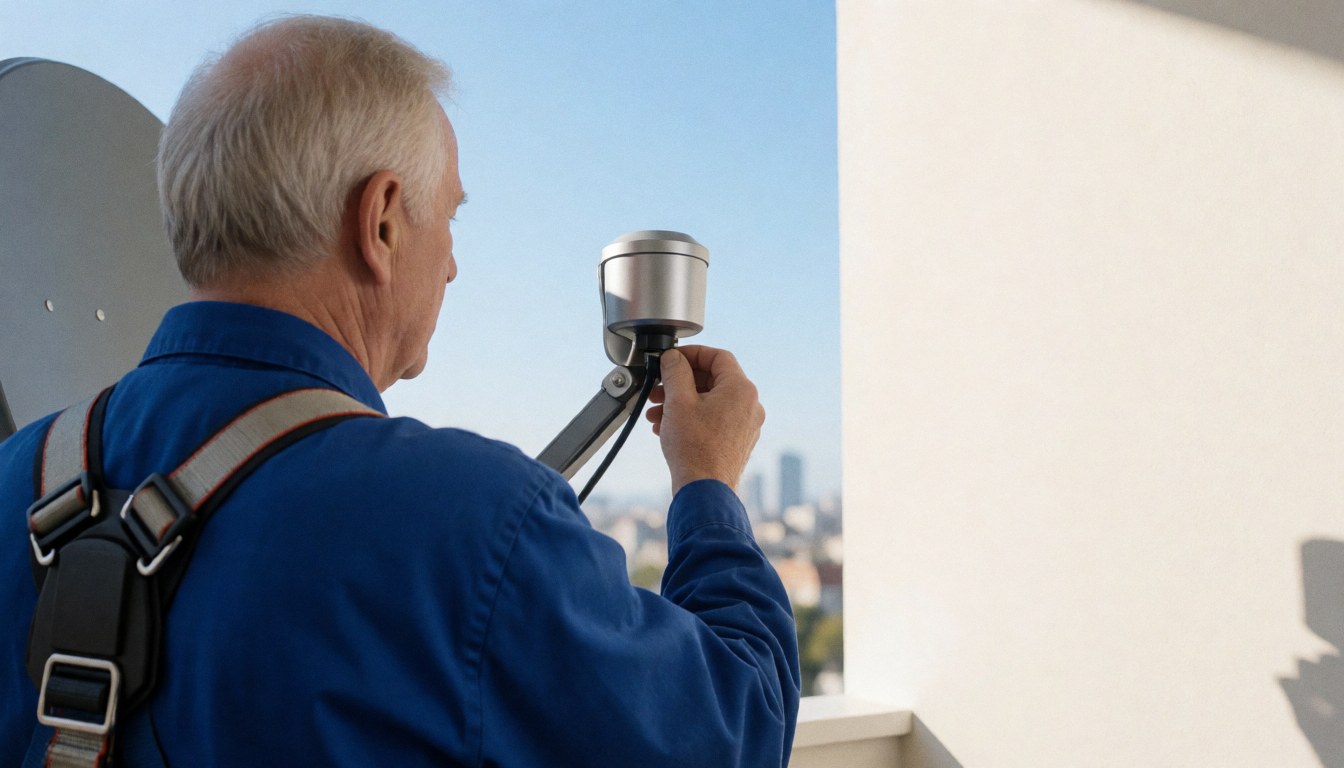 Technicien professionnel ajustant un LNB sur une antenne satellite installée sur un balcon avec une vue urbaine en arrière-plan.