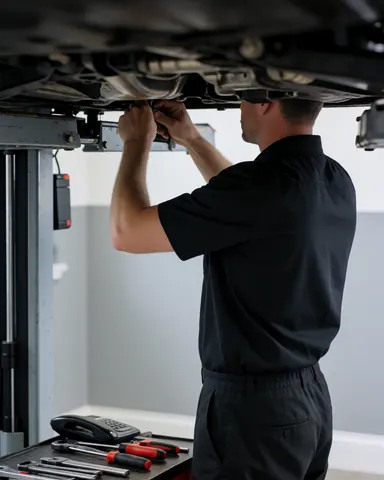 Technicien en atelier réparant la carrosserie sous un véhicule avec des outils sur une table, des murs gris et un uniforme sombre.