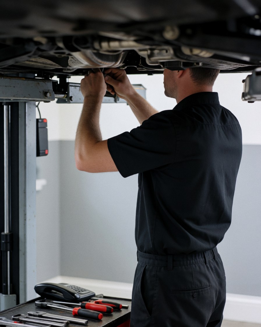 Technicien en atelier réparant la carrosserie sous un véhicule avec des outils sur une table, des murs gris et un uniforme sombre.