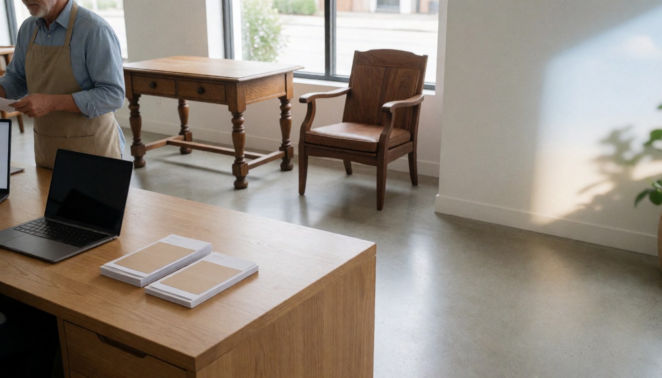 Intérieur d'un atelier de restauration de meubles avec une table et une chaise en bois restaurées, un ordinateur portable et des brochures posés sur une table en bois clair.