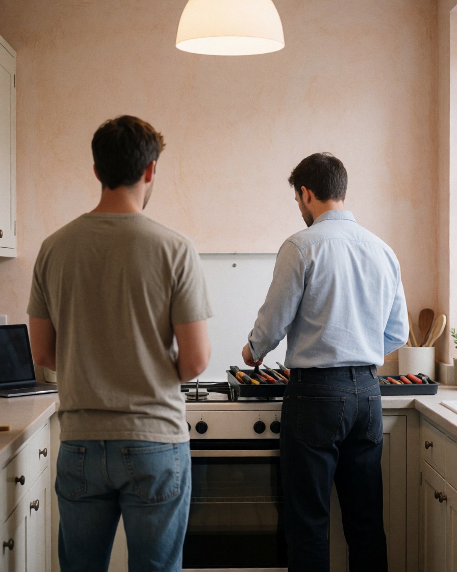 Un technicien arrange ses outils à côté d'une cuisinière blanche dans une cuisine aux murs clairs et à la lumière douce.