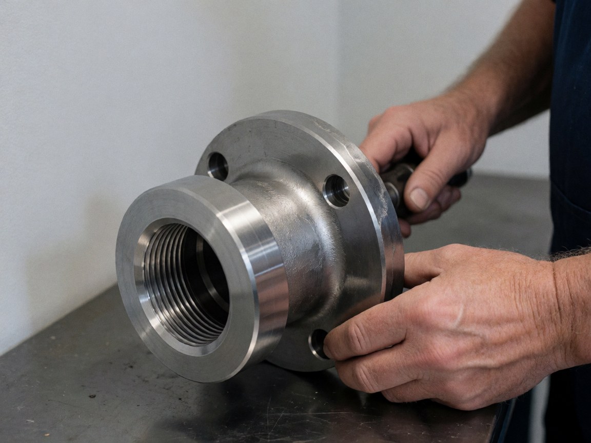 Mains travaillant une bride métallique filetée sur une surface industrielle avec des murs gris clair, détail de précision mécanique.