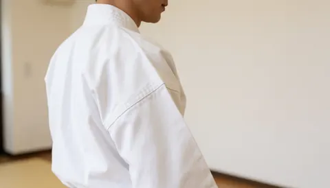 Profil d'une personne en gi blanc de karate adoptant une posture d'entraînement sur fond de murs blancs, idéal pour une bannière de site web de dojo.