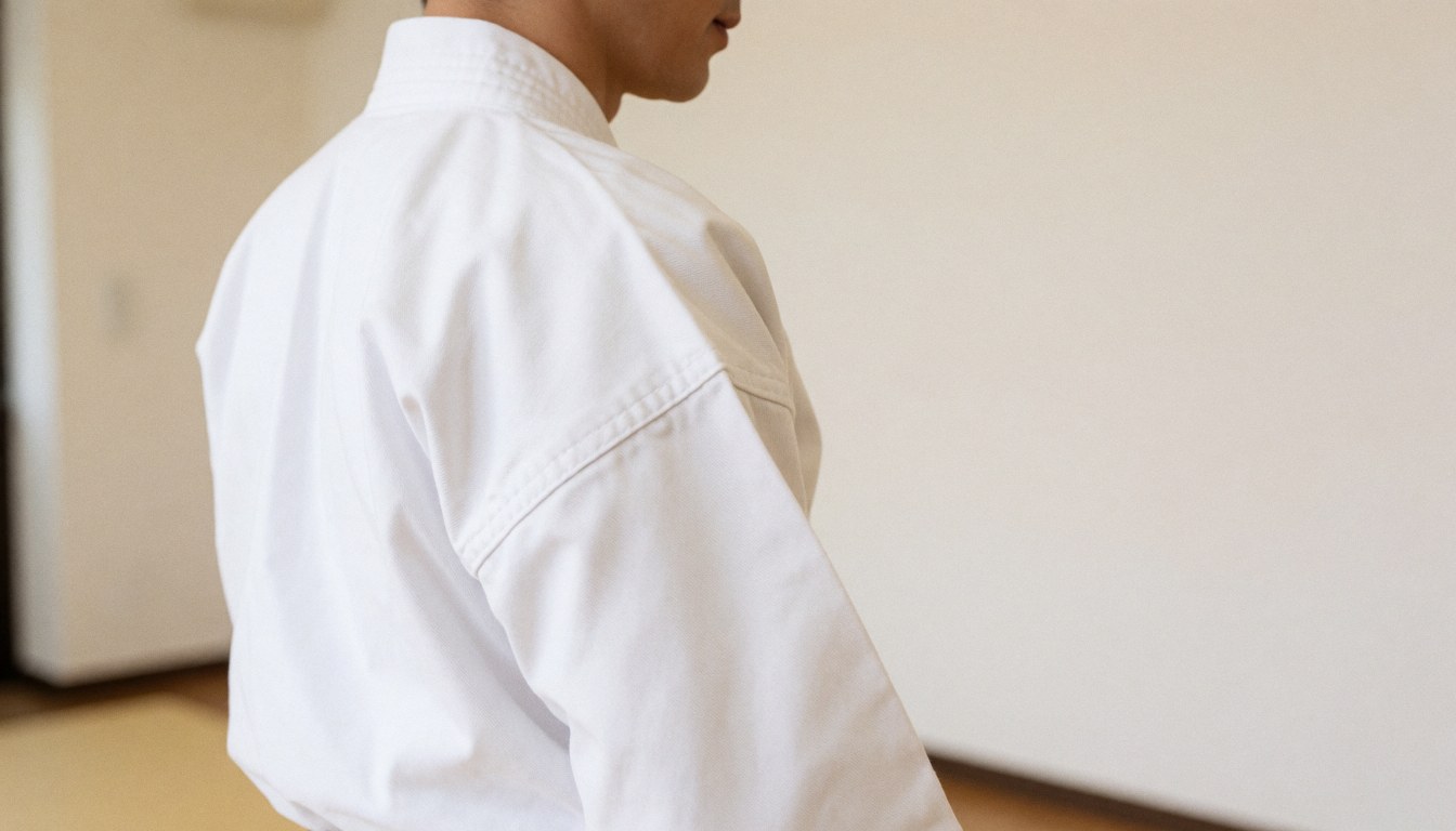 Profil d'une personne en gi blanc de karate adoptant une posture d'entraînement sur fond de murs blancs, idéal pour une bannière de site web de dojo.