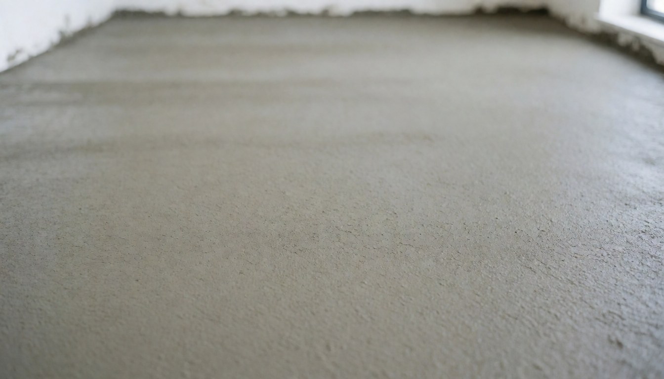 Surface de béton nouvellement coulée et lisse, servant de fond neutre et épuré pour des textes promotionnels liés à l'installation de courts de tennis.
