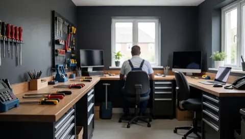 Atelier de réparation avec des outils sur une table de travail, des murs gris et une lumière naturelle par les fenêtres, idéal pour la couverture d'un site web professionnel.