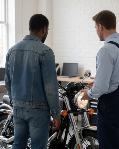Un client observe le phare de sa moto allumé tandis qu'un mécanicien explique le service dans un atelier aux murs de briques blanches.