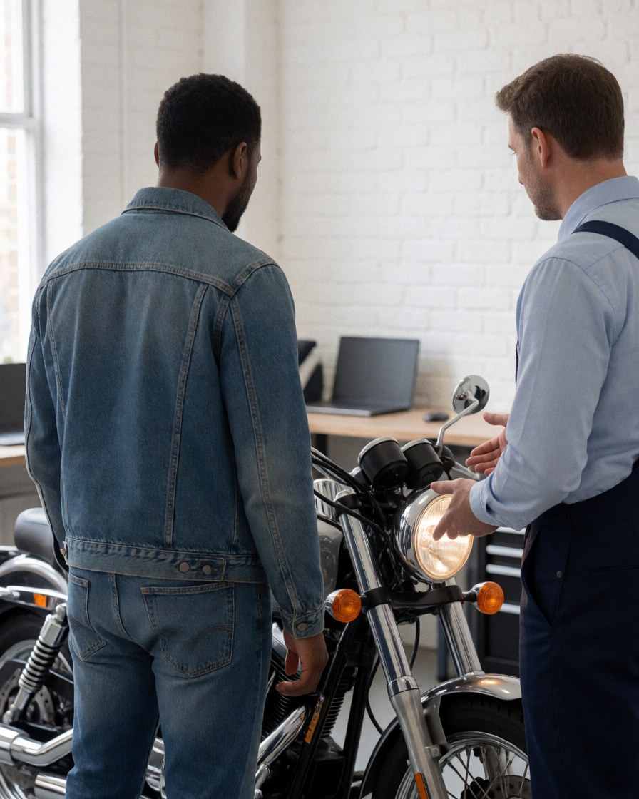Un client observe le phare de sa moto allumé tandis qu'un mécanicien explique le service dans un atelier aux murs de briques blanches.