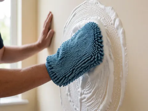 Main gantée de microfibre bleue frottant de la mousse blanche sur un mur beige dans le cadre d'un service de lavage automobile en action.