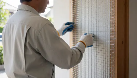 Un technicien portant des gants de travail fixe un treillis métallique sur un encadrement en bois, en préparation de l'isolation thermique d'un mur extérieur sous lumière naturelle.