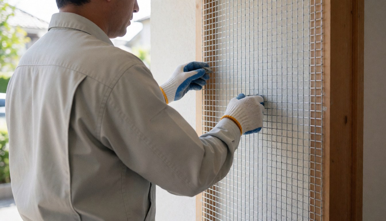 Un technicien portant des gants de travail fixe un treillis métallique sur un encadrement en bois, en préparation de l'isolation thermique d'un mur extérieur sous lumière naturelle.