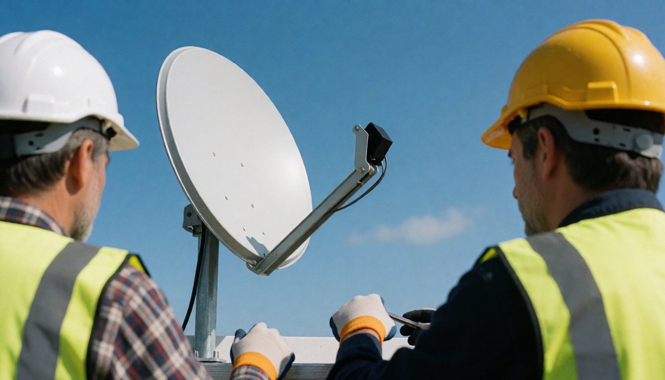 Deux techniciens en casques et gilets ajustent une antenne satellite blanche sur un toit sous un ciel bleu, illustrant un service d'installation.