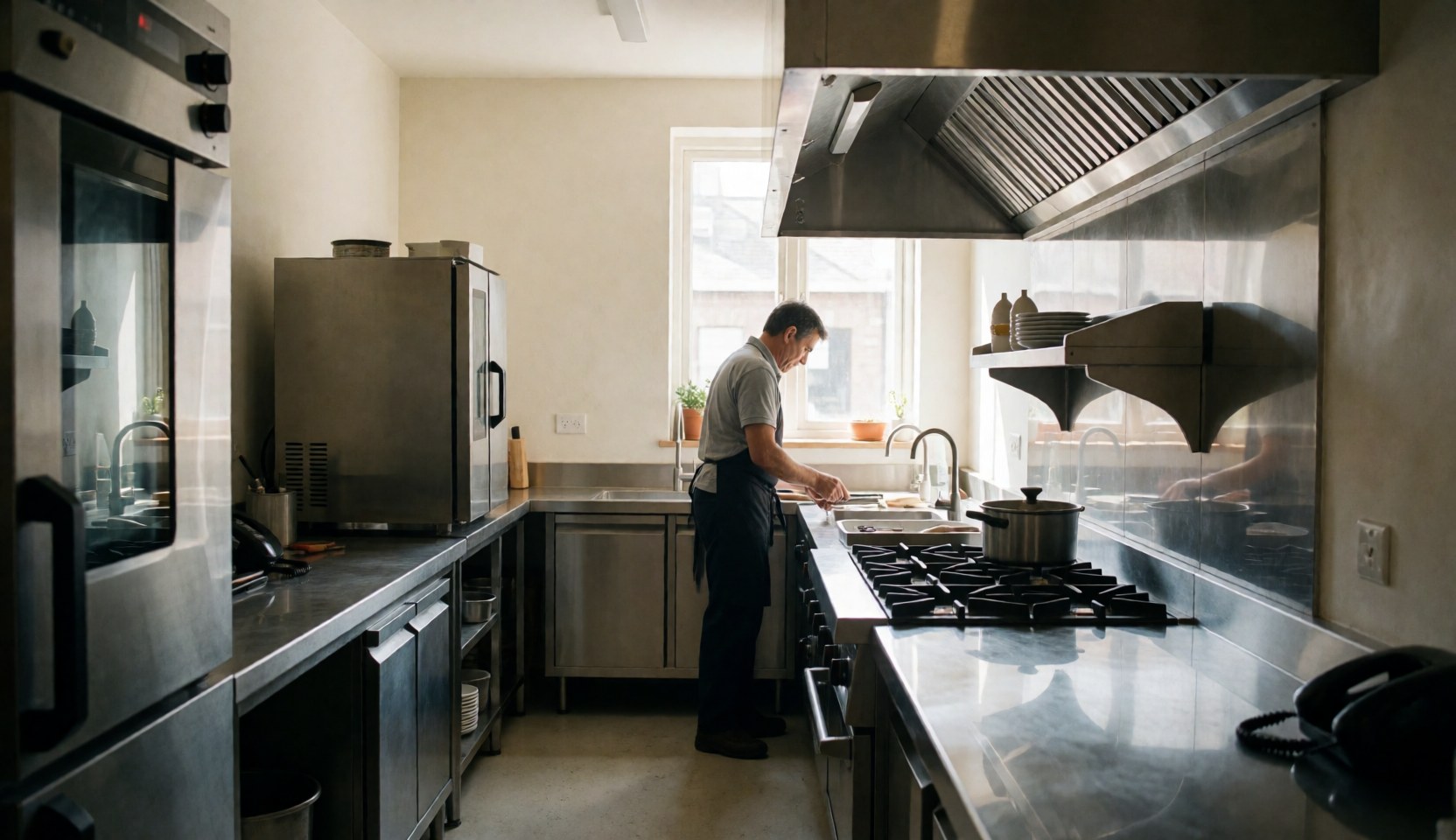 Un homme effectue des réparations dans une cuisine professionnelle aux surfaces en acier inoxydable, illustrant un service de maintenance en action.