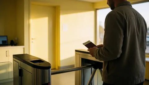 Un voyageur tient un passeport devant un tourniquet d'accès dans un aéroport, avec une lumière dorée et des murs jaunes en arrière-plan.
