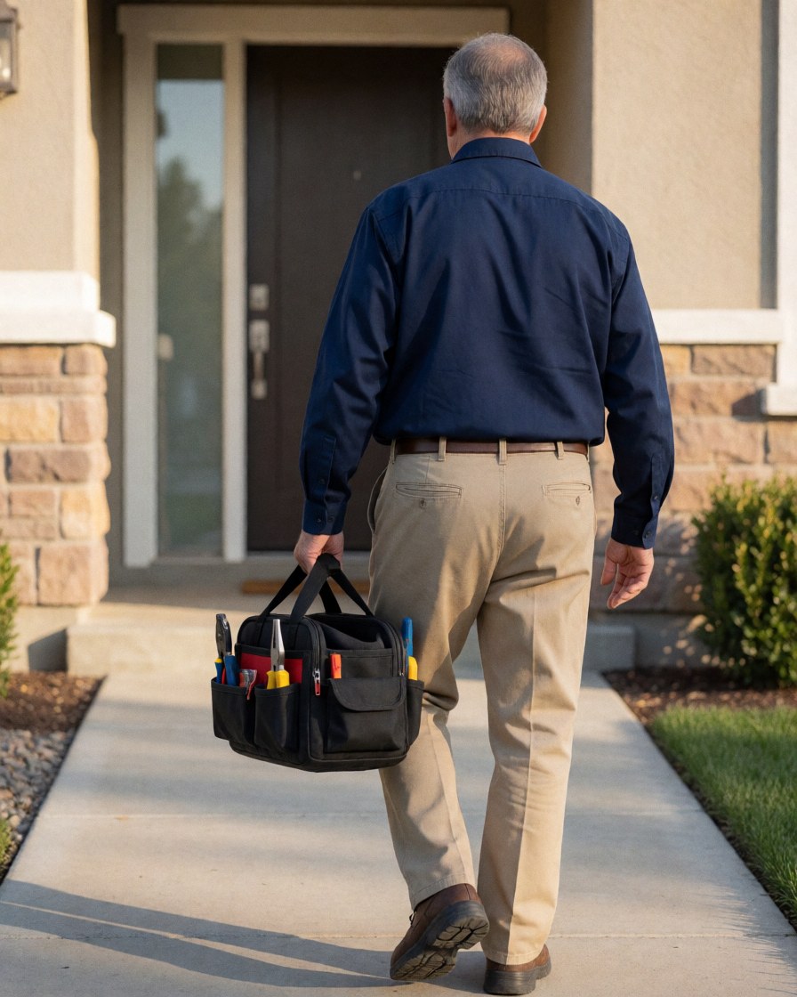 Un électricien marche vers la porte d'une maison moderne avec son sac à outils, scène de service résidentiel.
